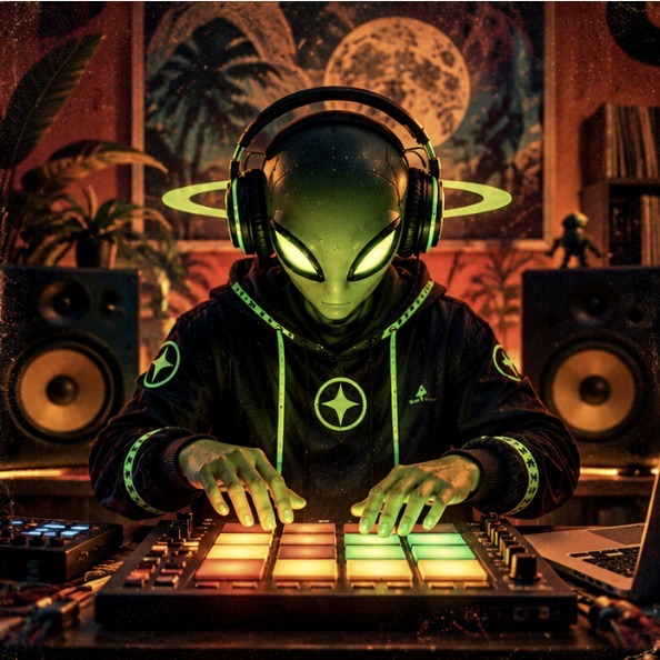 Verdecito Man tocando un controlador de pads electrónicos