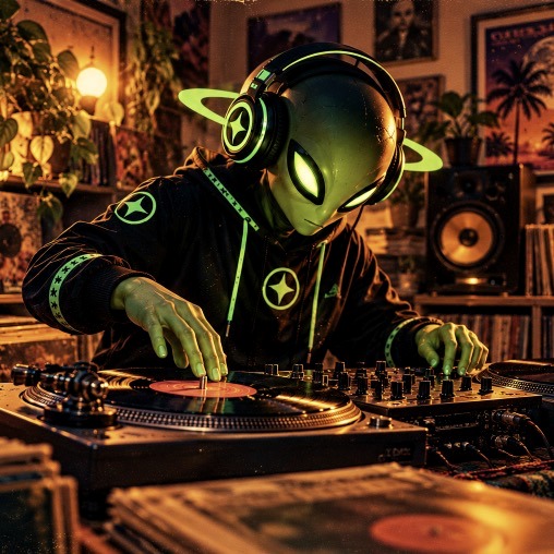 Verdecito Man practicando con tocadiscos en su colección de vinilos